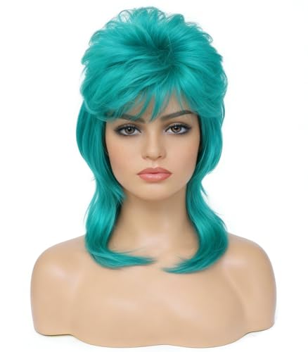 Cariniss Mullet Wig for Women Shoulder Length Synthetic Cosplay Wig 80s Wigs Halloween Cosplay Daily Hair Wigs (Turquoise)
