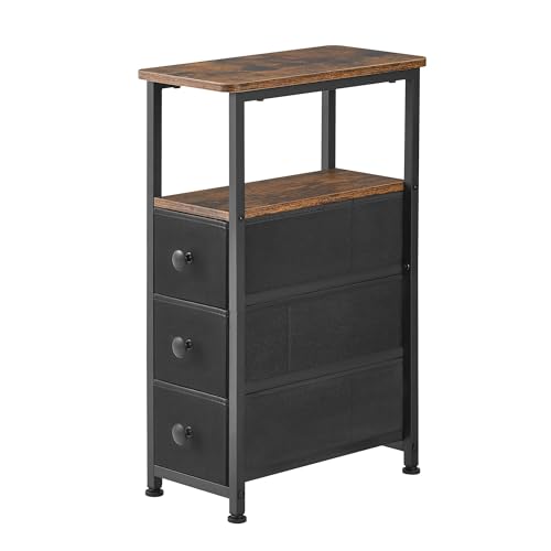 DALEMHOME End Table, Narrow Side Table with 3 Fabric Drawers, Slim Nightstand, Small Bedside Table with Storage, Living Room, Bedroom, Rustic Brown HKET1300BR