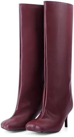 Knee High Boots Women Square Toe Kitten Heel Pull On Tall Boots