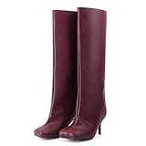 VOZTOLLS Women's Knee High Boots Wide Calf Square Toe High Heel Tall Boots Pull On Leather Long Boot Fahion Dress Boot Burgundy PU Size 7