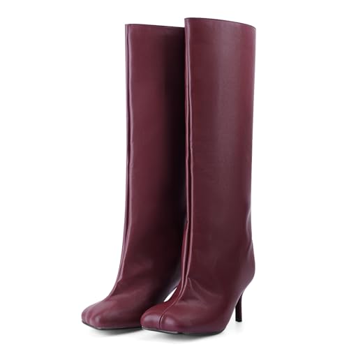 VOZTOLLS Womens Knee High Boots Wide Calf Square Toe High Heel Tall Boots Pull On Leather Slouchy Long Boots Fahion Dress Boots Burgundy PU Size 8