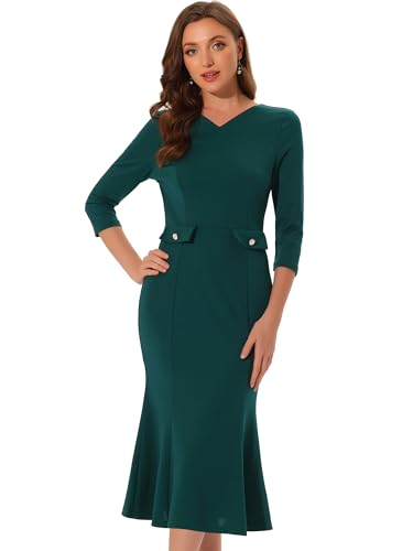 Allegra K Vintage Bodycon Fishtail Dress for Women's 3/4 Sleeve Work Church Cocktail Dresses Green M