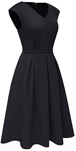 HOMEYEE Women's Vintage 50s Cap Sleeve Pleated Waist Cocktail Retro Flared Dress with Pocket A1963