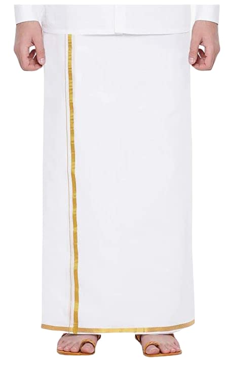 Men's Cotton Single Dhoti With Gold Zari Border (White) (1.30 x 2.00 Meter)