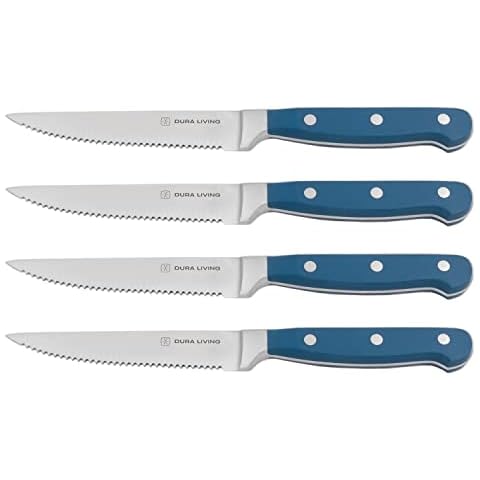 DURA LIVING Premium 4-Piece Steak Knife Set – Sharp Serrated Blades, Forged High Carbon Stainless Steel, Full Tang, Ergonomic Handle, Royal Blue – Ideal for Dining & Entertaining Cover