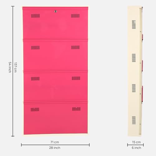 Image of Metal Shoe Rack Wall Mounted for Home with Central Locking 4 Door 28 inch Wall Mounted Metal 12 Pair Shoe Rack Cabinet Pre-Assembled Rack Shelves 3 Year Warranty (Pink & Ivory)