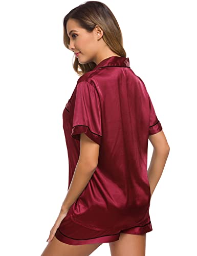 Image of SWOMOG Womens Silk Satin Pajamas Set Short Sleeve Sleepwear Button Down Top and Shorts Loungewear 2 Piece Pjs Set XS-3XL