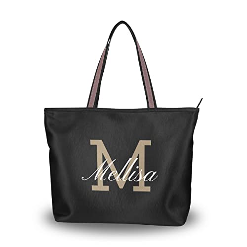 Bolsa de mão feminina personalizada monograma preto e inicial de nome bolsa de mão bolsa de ombro superior alça bolsa para viagens de trabalho diárias, Preto, Medium