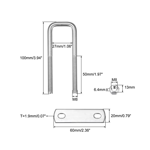 Image of uxcell Square U-Bolts, 3 Sets 27mm(1.06 inch) Inner Width 100mm Length M8 304 Stainless Steel U Clamp Bolt with Nuts and Plates, for Boat Trailer