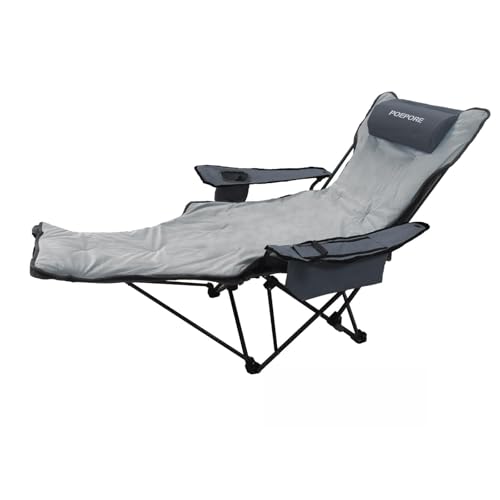 POEPORE Chaise de Camping Pliante avec Repose-Pieds Inclinable Pliable Dossier Réglable à 4 Positions Chaises Pliantes Adultes avec Sac réfrigérateur et Coussin en Coton Pique-Nique Plage Gris