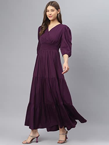 Image of Femvy Women's Fit and Flare Maxi Dress Rayon 3 /4 Sleeve Solid V-Neck Evening Dress 751