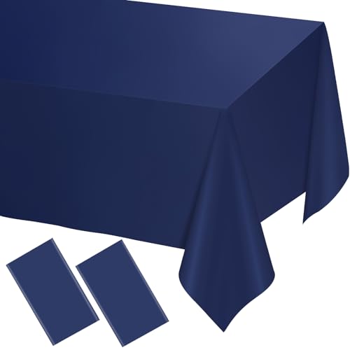 Image of WNINK 2 Pack Navy Blue Tablecloths Dark Blue Rectangle Disposable Plastic Table Cloths 54 inch x 108 inch for Birthday, Retirement, Bridal Shower, Wedding, BBQ, Picnic Parties
