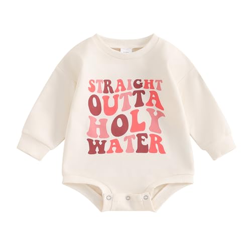 Image of YOKJZJD Newborn Baby Girl Boy Baptism Outfits Straight Outta Holy Water Bubble Romper Sweatshirt Fall Christening Bodysuit