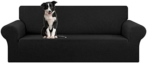 KEKUOU Stretch Oversized Sofa Slipcover 1 Piece Couch Sofa Cover (94″-110″) Furniture Protector 4 Seater Sofa with Elastic Bottom for Kids,Pet.Jacquard Checked Pattern Fabric(X Large,Black)
