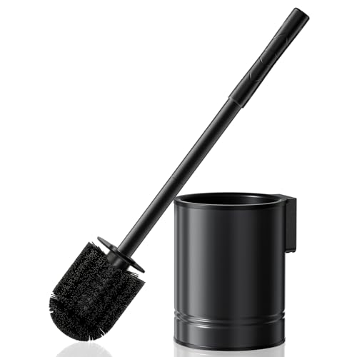 HAMITOR Black Toilet Bowl Brush: Metal Rustproof Bathroom Cleaning Accessories Set with Hidden Holder for Renters - Wall-Mounted Family Compact Toilet Cleaner Kits for Apartment RV Small Space