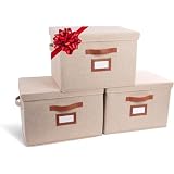 Clutter Cure 3 Pack Large Fabric Storage Box with Lid - Decorative Bin with Lid, Label Holder, Faux Handles - Large Decorative Storage Boxes with Lids for Organizing Clothes, Blankets - Oatmeal