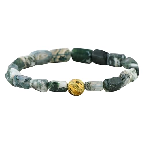 CRYSTALIS Natural Moss Agate Beads Elastic Stretch Bracelet, Chakra Healing Jewelry for Men & Women, Adjustable Bracelet, Everyday Wear, Gift Giving Bracelet, Free Size