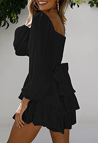 Womens Lantern Long Sleeve Shorts Romper Tie Waist Chiffon One Piece Outfits Solid Jumpsuit Black M