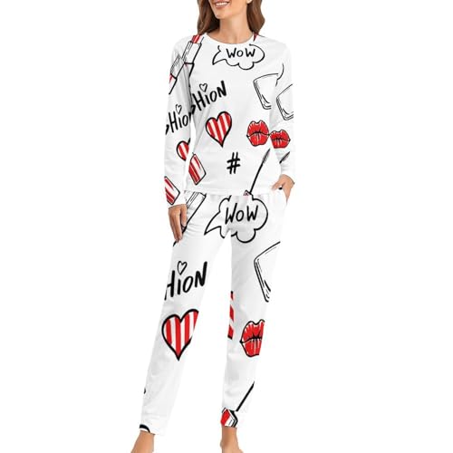 Ensemble de pyjama femme rouge à lèvres vêtement de nuit sleepwear manches longues