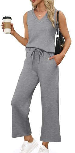 XIEERDUO Two Piece Sets Womens Casual Summer Lounge Set Women Clothing Travel Airport Outfits V Neck Sleeveless Tank Tops Wide Leg Pants Sets Grey L