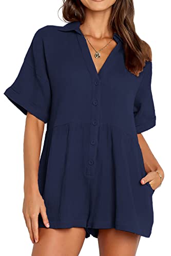 Deep Self V Neck Button Up Rompers For Women Dressy Short Sleeve Collared Comfy Shorts Jumpsuits For Summer Navy Blue #TOP1