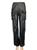 High Waist Pleather Cargo Pocket Straight Leg Pants (US, Alpha, Large, Regular, Regular, Black)