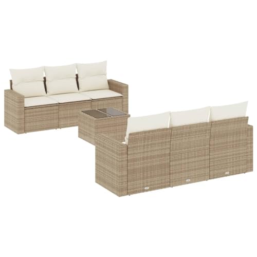 vidaXL Garten Sofa Garnitur 7-TLG., Gartenmöbel Set mit Kissen, Sitzgruppe für Garten Terrasse, Modular Gartensofa Lounge, Tisch mit Glasplatte, Beige Poly Rattan