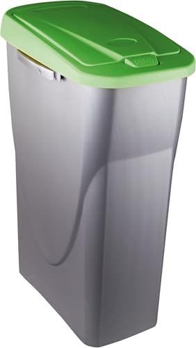 M home by Mazzei Mondex - Poubelle de Tri Sélectif 25L en Plastique - Ouverture facile Push - Cuve Gris Silver avec Couvercle de Couleur Vert - Idéale pour Cuisine, Cellier - Fabriquée en France
