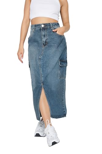 Image of PixieGirl Petite Blue Denim Cargo Midi Skirt Petite