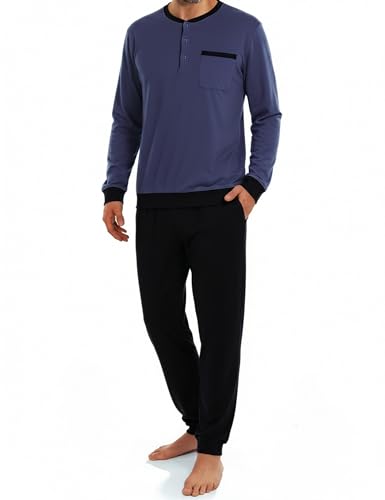 Bresdk Pijama Hombre Invierno Algodón Ropa de Dormir Camiseta de Manga Larga Largo Pantalón Pijama para Hombre Azul Oscuro Negro XXL