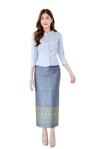 Traditional Thai Silk 2-Piece Set, Blouse and Long Skirt, Free