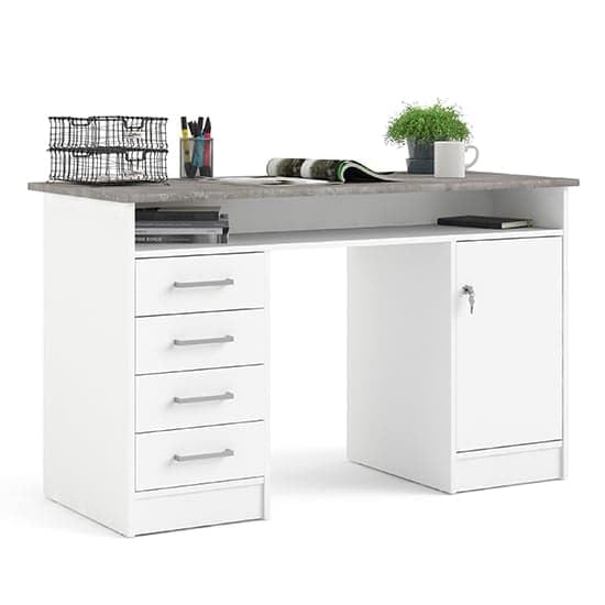 Image of Lakdi The Furniture Home and Office Modern Home Office Computer Desk - Writing Workstation with 4 Storage Drawers, Locking Security Cabinet, and Open Cubby Shelf - White & Grey Finish - 121534271