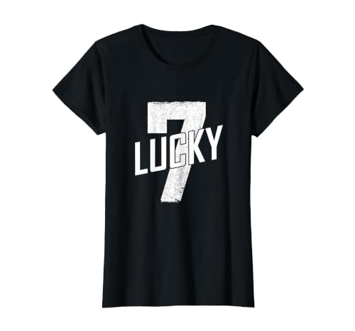 Lucky Seven Distressed in White Lucky Number 7 T-Shirt, Women, Black, Small