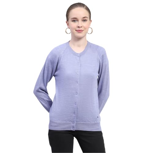 Image of Monte Carlo Womens Solid Blue Round Neck Full Sleeve Cardigan