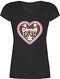 T-Shirt Damen V Ausschnitt - Kompatibel mit Oktoberfest Damen Trachtenshirt - Dirndl Ersatz Lebkuchenherz mit Blumen - Fuchsia - XXL - Schwarz - bayerische Shirt Frauen Octoberfest Tshirt - XO1525