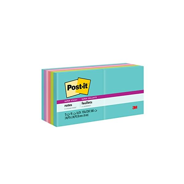 Post-it Super Sticky Notes, 2x Sticking Power, 3" x 3", Miami Collection, 12 Pads per Pack, 90 Sheets