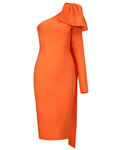 Image of UONBOX Women's One Shoulder Bowknot Long Sleeve Bodycon Knee Length Club Party Bandage Dress