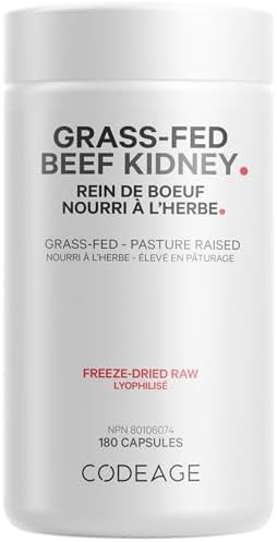Codeage Grass Fed Beef Kidney Supplement - Freeze Dried, Non-Defatted, Desiccated Glandular Nutrition Bovine Pills - Pasture Raised Beef Vitamins For Kidney - Non-GMO -180 Capsules