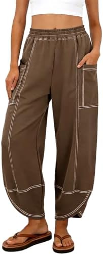 Women's Harem Pants Cotton Linen Baggy Boho Summer Pants High Waisted Loose Fit Joggers for Travel Vacation Trousers Coffee