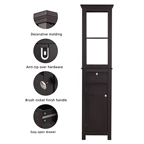 Spirich Home Bathroom Freestanding Storage Cabinet With Two Tier Open Shelves, Tall Slim Cabinet With Door And Drawer, Free Standing Linen Tower (Espresso) #TOP2