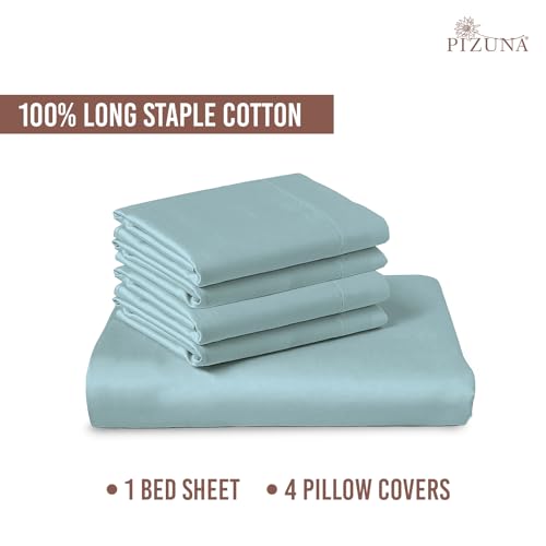 Image of Pizuna 100% Cotton Bedsheet Super King Size Baby Blue, 400 Thread Count Long Staple Combed Cotton Flat Bedsheets 108x108 Inches with 4 Pillow Covers, Bed Sheet for Super King Size Bed
