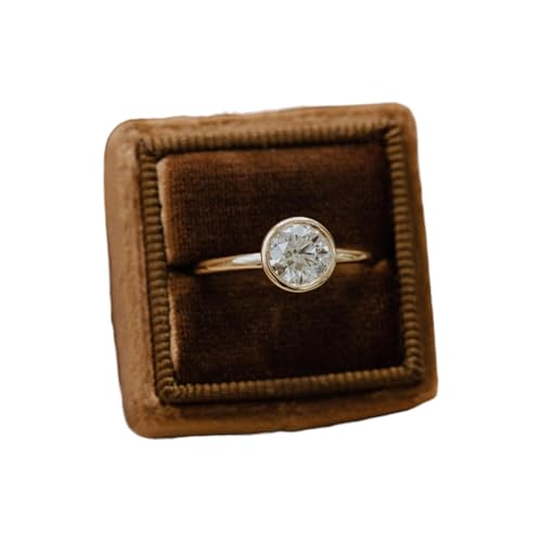 14K Gold Bezel Set Round Moissanite Engagement Ring – D Color 1 Carat Solitaire Ring – Minimalist Gold Proposal Ring for Women