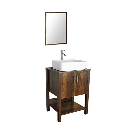 eclife 24” Bathroom Vanity Sink Combo Brown Cabinet Vanity White Ceramic Vessel Sink & 1.5 GPM Water Save Faucet & Solid Brass Pop Up Drain,W/Mirror (T03 B12C)