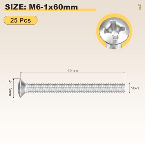 Image of METALLIXITY Semi-Countersunk Oval Head Machine Screws (M6-1x60) 25Pcs, 304 Stainless Steel Phillips Cross Recessed Machine Screw Bolts - for Furniture Assembly DIY Projects, Silver