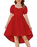 Arshiner Girls Summer Dress Puff Sleeve High Low Swing Off Shoulder Formal Dresses with Pocket Red for 11-12 Years Old Girl