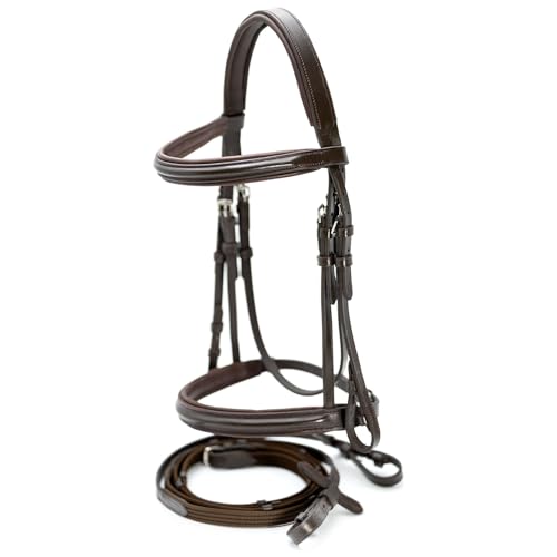 Jeffers Uniquely English Devon Leather Snaffle Bridle with Reins for Horses, Full - Padded Monocrown, Raised Browband, Cavesson Noseband, Hook Stud Ends, English Horse Tack for Riding or Jumping