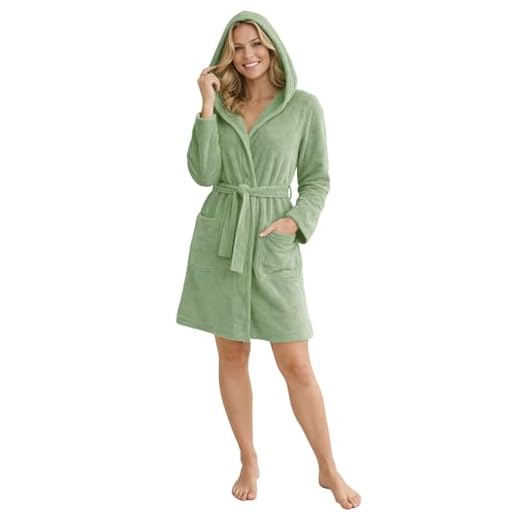 Morgenstern Bademantel Damen Leicht-Frottee Dünn 100% Baumwolle Kurz mit Kapuze Oeko-Tex-Standard XL Grün