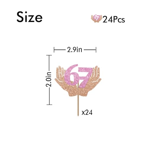 24pcs Funny 6 7 Cupcake Toppers, I Was 6 Now I’m 7 Birthday Cupcake Toppers, 6-7 Six Seven with Hand Cupcake Picks for Birthday/Gen Z Theme Party Decoration - Brown&Pink Glitter