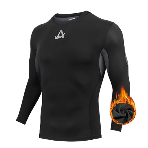 AMZSPORT Maglia Compressione Termica da Uomo in Pile Manica Lunga Top Baselayer Maglietta per Sport Invernali, Nero M