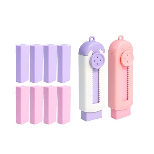GZBABY Retractable Eraser with Plastic Sleeve 2 Pack, Sliding Pencil Eraser Include 8 Refill Erasers, Easy Storage (Purple Pink)
